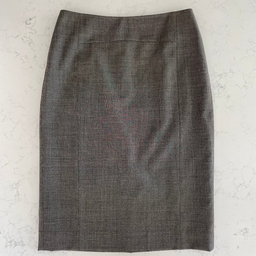 Classiques Entier Lined 100% Virgin Wool Check Print Pencil Skirt Grey+Tan Sz 8